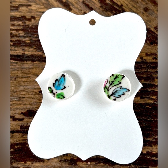 Hand Crafted Jewelry - Handmade Broken China Earrings Fancy Aqua Blue Green Small Circle Beach Vintage